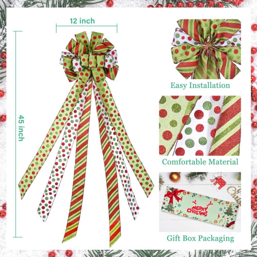 Christmas Tree Topper Bow Green Red Polyester Large 2
