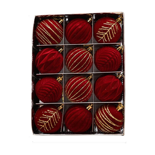 Christmas Tree Ornaments Red Flocked Balls 6cm 12pcs 1