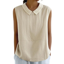 Cotton Linen Shirts for Women Sleeveless Collared-Beige L