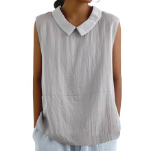 Cotton Linen Shirts for Women Sleeveless Collared-Gray XL