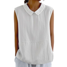Cotton Linen Shirts for Women Sleeveless Collared-White L