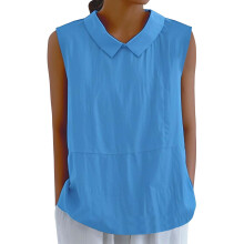 Cotton Linen Shirts for Women Sleeveless Collared-Blue S