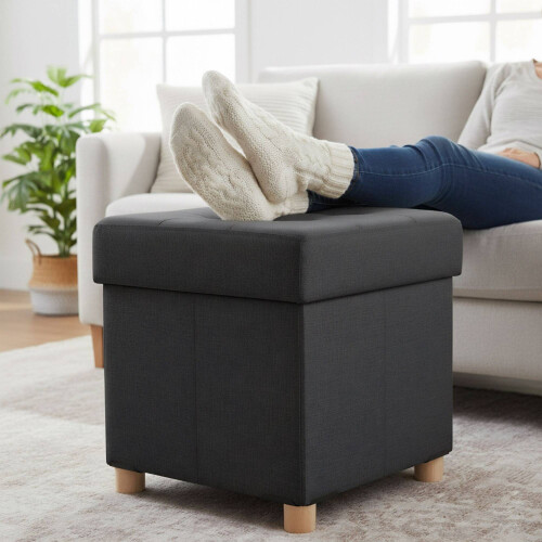 Storage Cube Stool with Upholstered Seat and Wooden Legs 1