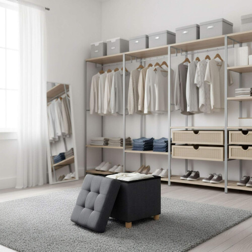 Storage Cube Stool with Upholstered Seat and Wooden Legs 2