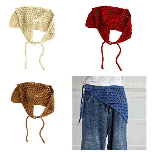 Popular Hollowed Knitted Head Wrap Triangular Scarf-brown 2