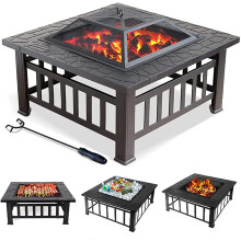 32in Square Outdoor Fire Pit with Grill Grate and Spark Screen, 2 in 1 Wood Burning Patio BBQ Firepit