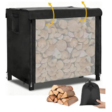 Waterproof Firewood Rack Cover 12ft Black, Heavy Duty 420D Oxford Outdoor Log Rack Cover with Weather Protection and Windproof Straps