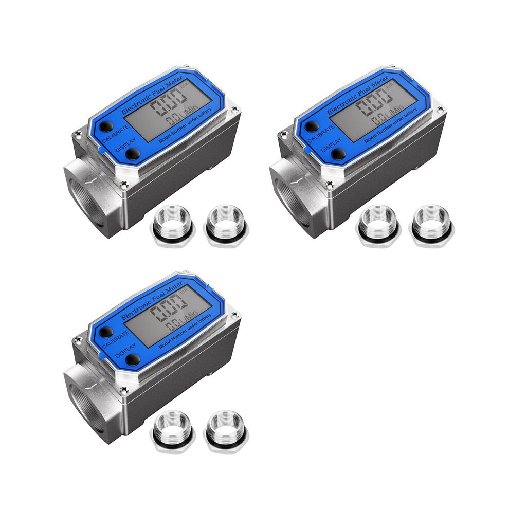 3 Set 1 Inch Fuel Flow Meter With 3/4 Inch Adapters, Digital Turbine Flow Meter 2.5-31 Gpm Inline Npt Thread 4711147593473