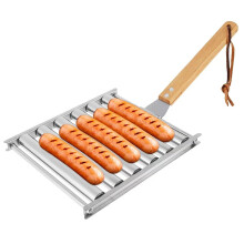 Stainless Steel Hot Dog Roller for Grill, 5 Hot Dog Capacity BBQ Sausage Roller with Extra Long Wood Handle