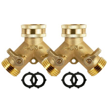 3/4 Inch 2 Way Brass Garden Hose Splitter, Y Type Outdoor Faucet Connector with Dual Outlet and Leakproof Seal, Yellow 2 Pack