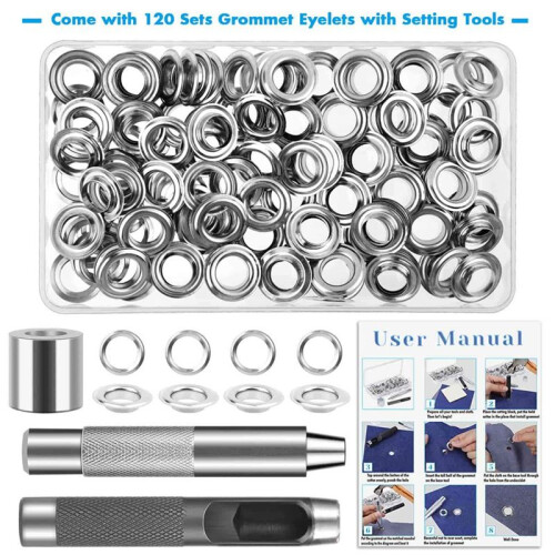 120 Set Kit Occhielli Occhielli Occhielli, Kit Occhielli Occhielli da 1/2 Pollice con Strumenti e Scatola Portaoggetti Argento 1