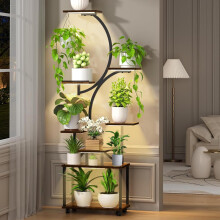 8 Tier Indoor Plant Stand with ThreeColor Grow Lights, Tall Metal Shelf with Wheels for Multiple Plants