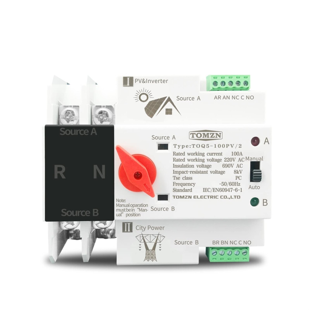 Single Phase Automatic Transfer Switch 100A Din Rail Dual Power Changeover For Solar Pv And Inverter 9330225854524