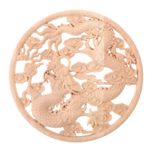 Wood Carved Decorative Appliques Round Beige Dragon Sign