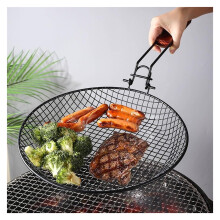 Stainless Steel Round Grill Basket 56.5 cm Folding BBQ with Wooden Handle, Large Outdoor Barbecue Grate Replacement