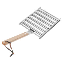 Stainless Steel Sausage Grilling Rack with Wooden Handle for Even Heat Cooking, Camping Barbecue Accessory