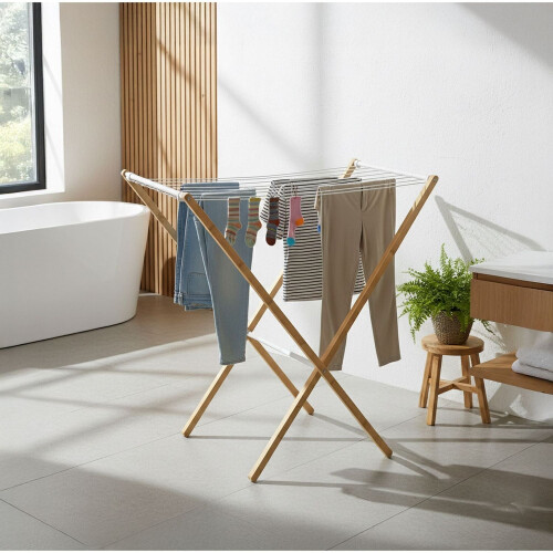 Foldable Bamboo Metal Laundry Rack - Space-Saving Dryer 1