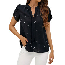 Womens Casual Tops Ruffle Short Sleeve V Neck Shirts-Black XXL