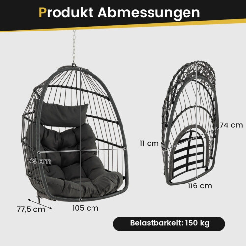 Hanging Egg Chair, Foldable PE Rattan with Cushion, Gray 1