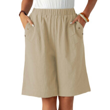 Women's Shorts Wide Leg High Elastic Knee Length Shorts-Khaki M