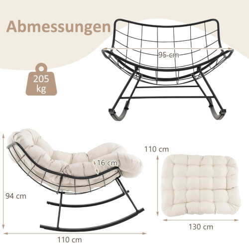 Cadeira de balanço com almofada, capacidade para 205 kg, bege 2