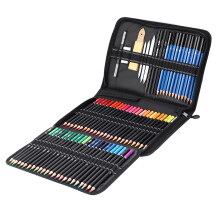 Teken- en schetsset met kleurpotloden, grafietpotloden en houtskoolpotloden, mengpapier, doezelaars en een gum.