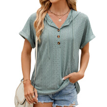 Hooded Loose Short Sleeve T-Shirt Women Casual Tops-Green XL