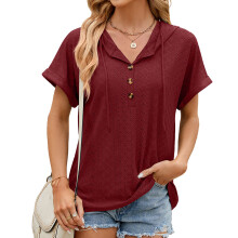 Hooded Loose Short Sleeve T-Shirt Women Casual Tops-Burgundy XXL