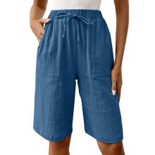Womens Bermuda Shorts Knee Length Drawstring Elastic-blue L