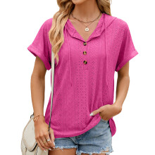 Hooded Loose Short Sleeve T-Shirt Women Casual Tops-rose red S