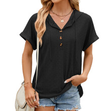 Hooded Loose Short Sleeve T-Shirt Women Casual Tops-Black XL