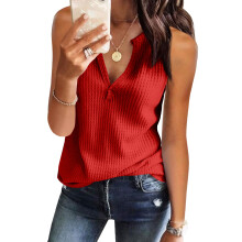 Womens Tank Tops V Neck Waffle Knit Casual Sleeveless-Red L