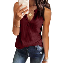 Womens Tank Tops V Neck Waffle Knit Casual-Burgundy S