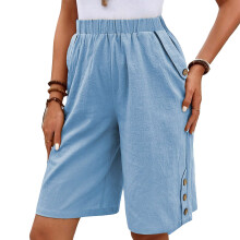Womens Linen  Shorts Baggy Lightweight Loose Fit-light blue L