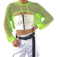 Women Casual Sexy 80s Costumes Concert Fishnet Neon Crop Hoodies T-shirt_Special Gift