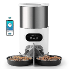Comedero automático para gatos y mascotas, dispensador de comida seca con dos cuencos para dos gatos, cachorros y perros, con temporizador Wi-Fi, gra