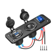 Caricabatterie doppio USB 3 in 1 con voltmetro LED, presa di corrente 12V 24V, interruttore on/off, pannello nero, caricatore doppio USB marino per b
