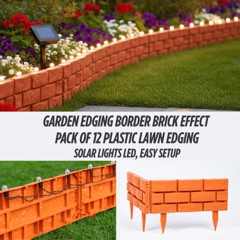 Pack Of 12 Garden Edging Border Brick Effect - Plastic Lawn Edging With Solar Lights Led, Easy Setup, Interlocking Flower Bed Edging 6187139547379