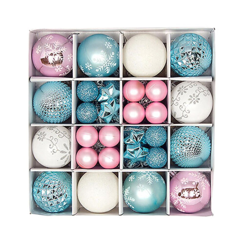 44-Piece Christmas Bauble Assortment – Blue, Pink, White