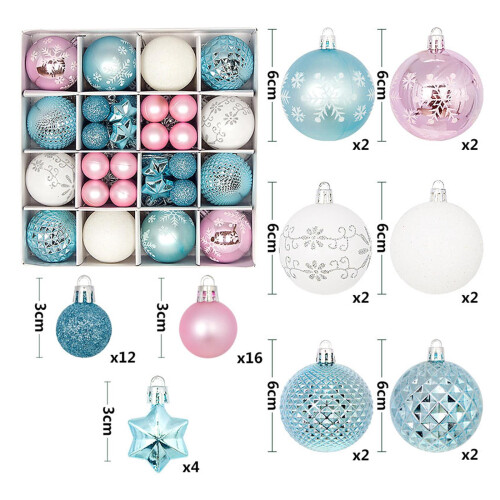 44-Piece Christmas Bauble Assortment – Blue, Pink, White 1