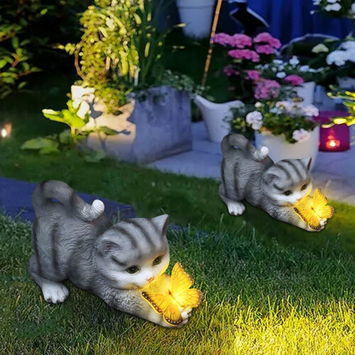 Figurine de chat solaire avec papillon décoratif (1 pièce) 2