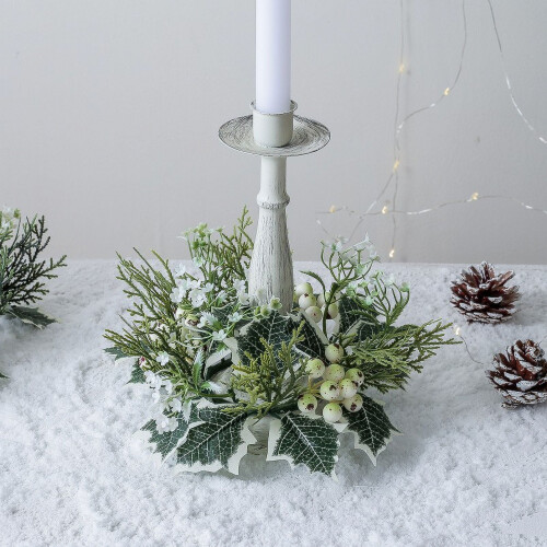 Christmas candle ring red berries snowy pine rustic 2