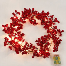 Weihnachtsgirlande mit roten Beeren und 20 warmweißen LED-Lichtern
