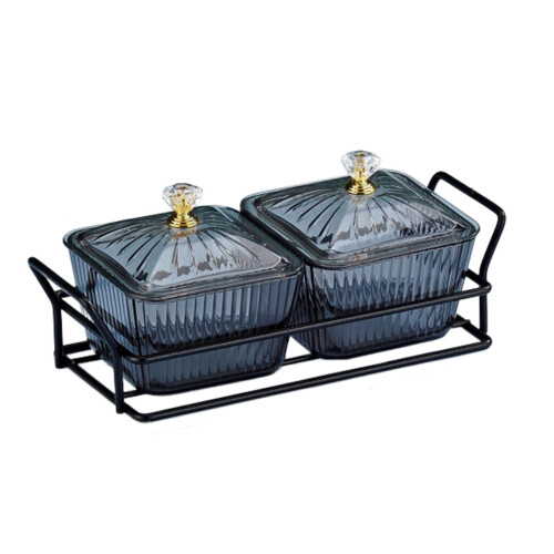 Divided Serving Platter with Lids Black 2 Bowls 1