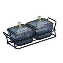 Divided Serving Platter with Lids Black 2 Bowls