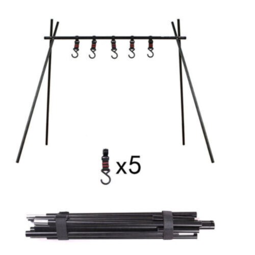 Outdoor cooking hanging rack metal foldable with 5 hooks
