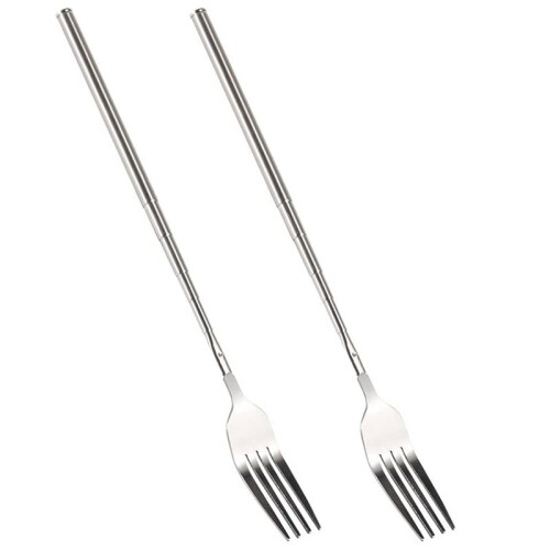 2X BBQ Retractable Fork Fruit Dessert Long Handle Fork Tableware  Kitchen Supplies Stainless Steel Fork