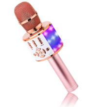 (Růžové zlato) BONAOK Karaoke mikrofon Bluetooth, 4v1 bezdrátové karaoke mikrofony, LED dětský karaoke mikrofonní reproduktor, do
