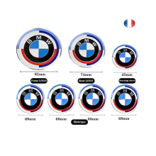 7-delige set: BMW 50th Anniversary Edition emblemen/logo's, compatibel met — 82 mm motorkap + 74 mm achterklep + stuurwiel + 4 naafdoppen