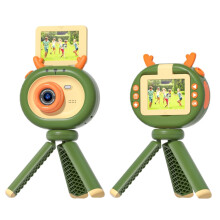 S2 2.4-inch 180-degree flip screen 1080P HD cartoon children's digital camera with stand (dark green)_Dark green